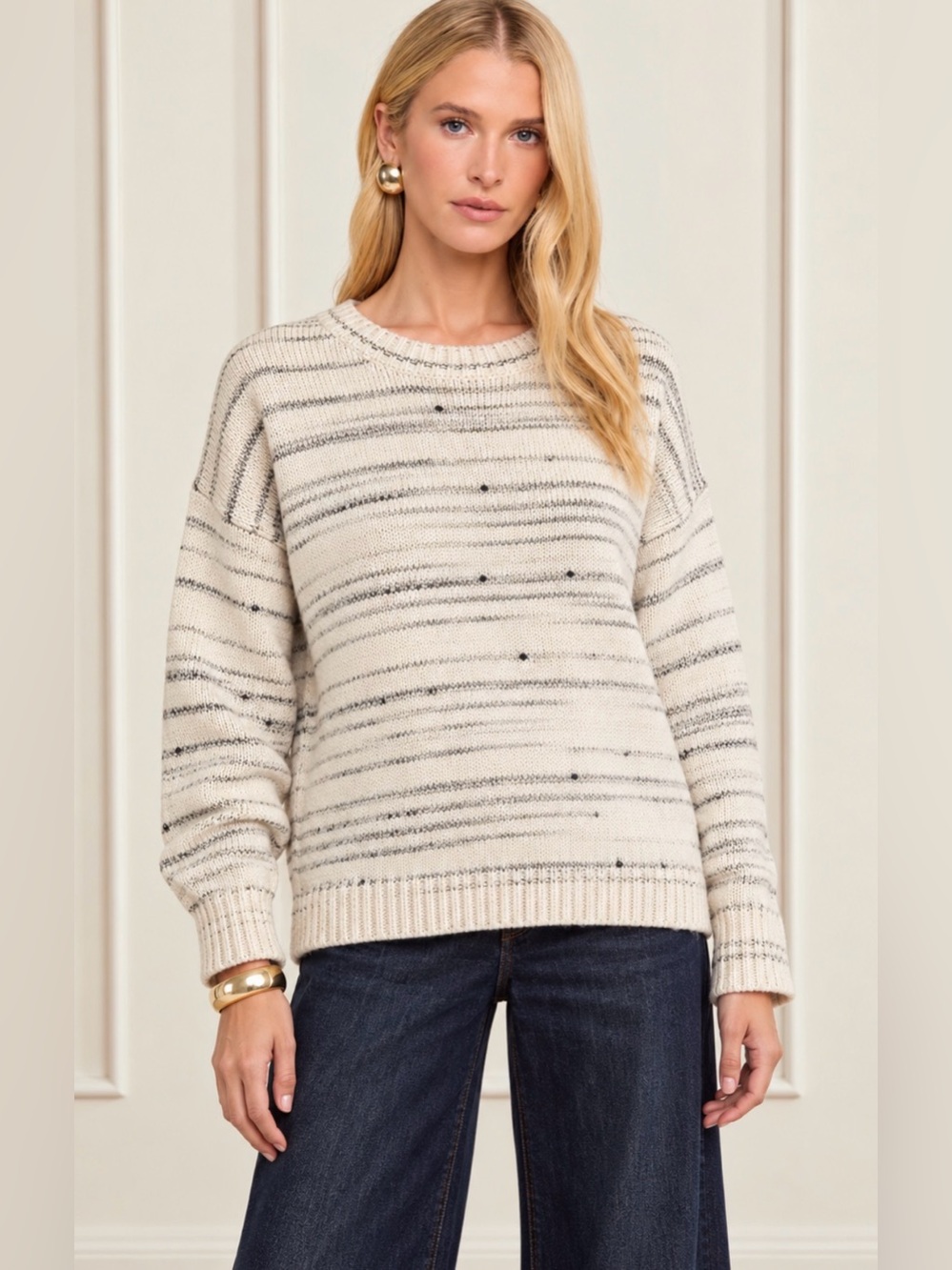 La Ligne Wool Blend Women’s Cream Gray Marled Striped Sweater Sz S Quiet Luxury